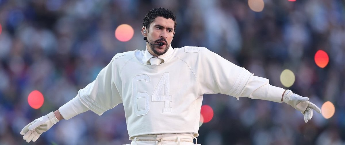 SANTA CLARA, CALIFORNIA - FEBRUARY 08: Bad Bunny performs onstage during the Apple Music Super Bowl LX Halftime Show at Levi's Stadium on February 08, 2026 in Santa Clara, California. (Photo by Kevin C. Cox/Getty Images)