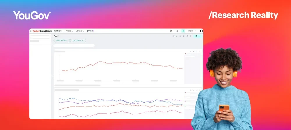 yougov brandindex charts next to a woman on her phone