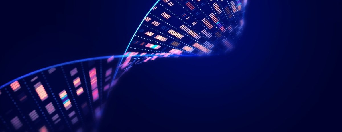 DNA molecular structure with sequencing data of human genome analysis on black background.