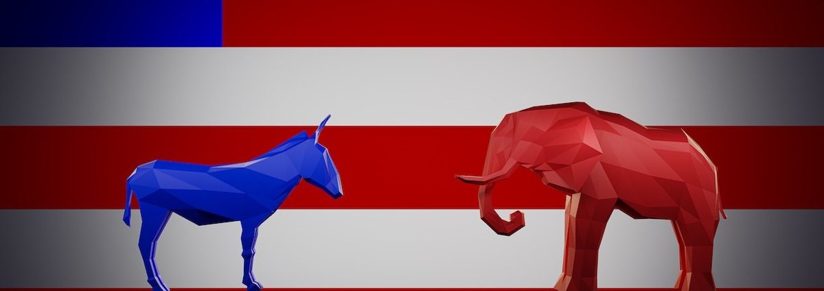 Computer rendering of Democrat donkey standing against Republican elephant on American flag. Elections and political confrontation concept.