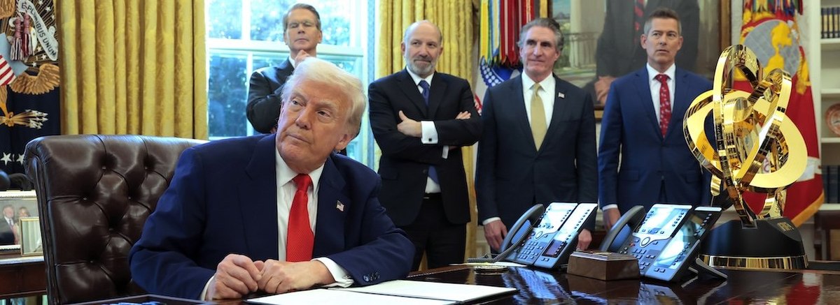 WASHINGTON, DC - APRIL 09: U.S. President Donald Trump prepares to sign executive orders as (L-R) U.S. Treasury Secretary Scott Bessent, Secretary of Commerce Howard Lutnick, Interior Secretary Doug Burgum, and Transportation Secretary Sean Duffy look on