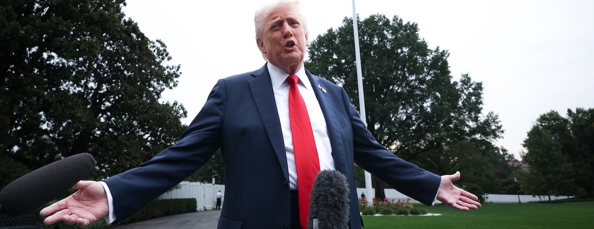 WASHINGTON, DC - SEPTEMBER 30: U.S. President Donald Trump speaks to the media as he departs the White House on September 30, 2025 in Washington, DC. President Trump is traveling to Marine Corps Base Quantico to deliver remarks to senior military leaders.