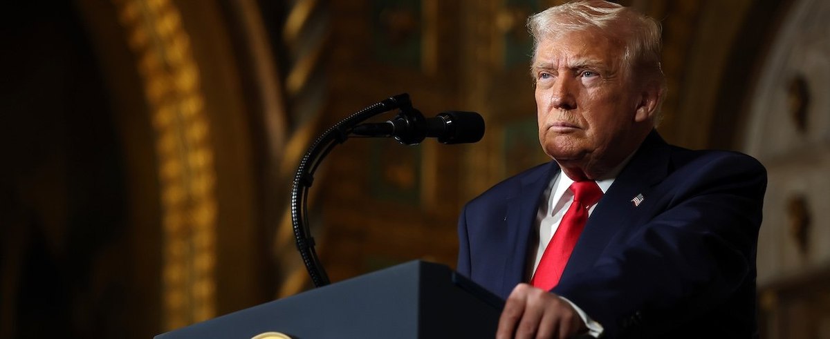 PALM BEACH, FLORIDA - DECEMBER 22: U.S. President Donald Trump takes questions as he announced the creation of the “Trump-class” battleship during a statement to the media at Trump’s Mar-a-Lago estate on December 22, 2025 in Palm Beach, Florida. Trump ann