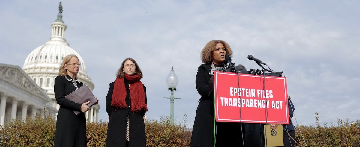 WASHINGTON, DC - NOVEMBER 18: Fatima Goss Graves, the President of the National Women's Law Center Action Fund speaks at a news conference on the "Epstein Files" outside the U.S. Capitol on November 18, 2025 in Washington, DC. The House is expected to vot