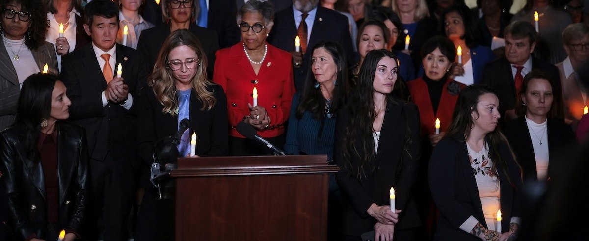 WASHINGTON, DC - NOVEMBER 18: Epstein abuse survivors and Congressional lawmakers attend a bipartisan vigil hosted by the Democratic Women's Caucus on November 18, 2025 in Washington, DC. The U.S. Senate today unanimously approved passage of the House's E