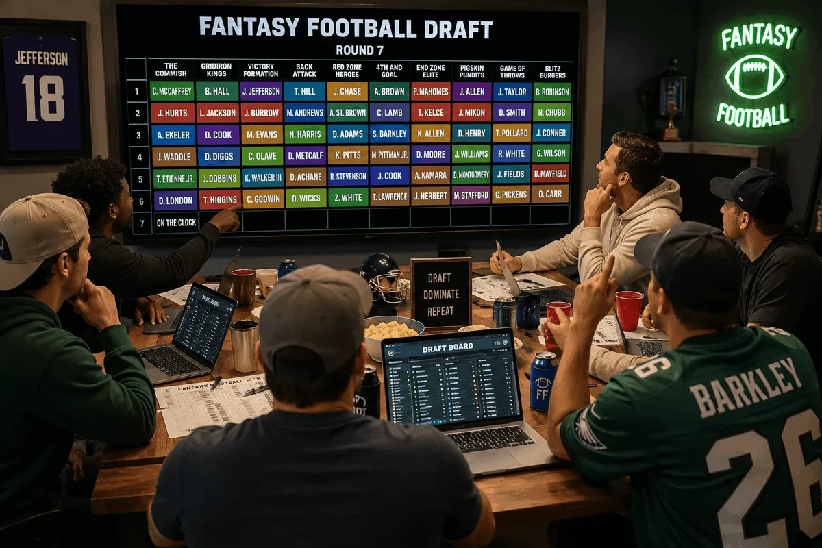 men sitting in a room doing a fantasy football draft