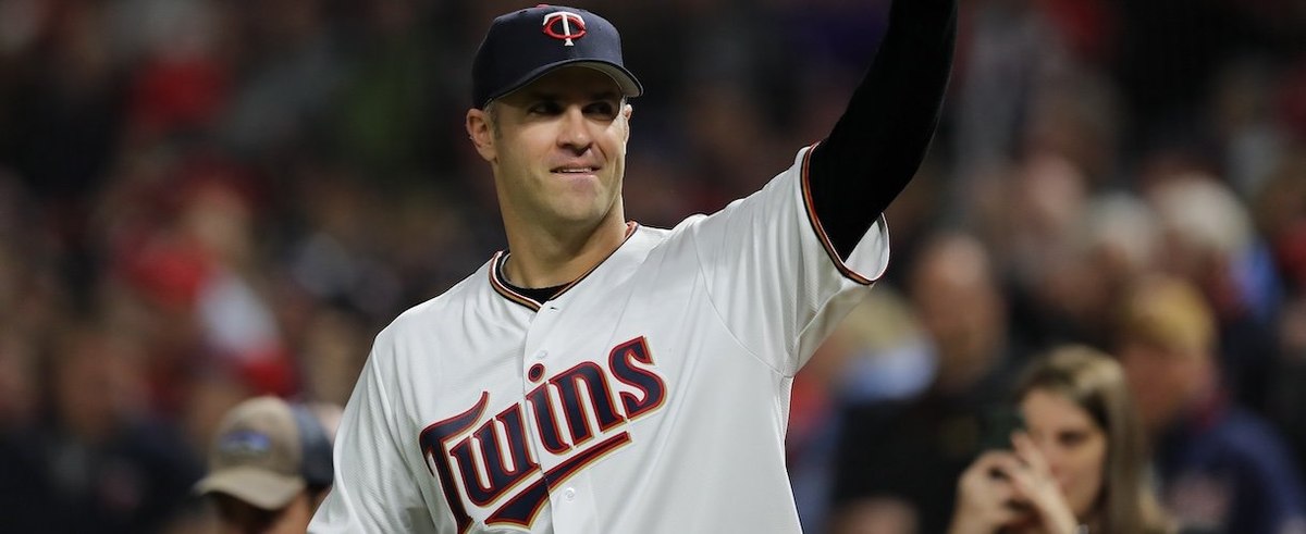 Former Minnesota Twins Joe Mauer waves to the fans prior to game three of the American League Division Series between the New York Yankees and the Minnesota Twins at Target Field on October 07, 2019 in Minneapolis, Minnesota.