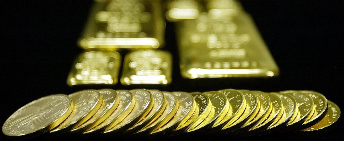 Gold bullion bars and coins are seen for sale at Manfra, Tordella and Brookes, Inc. January 9, 2003 in New York City.