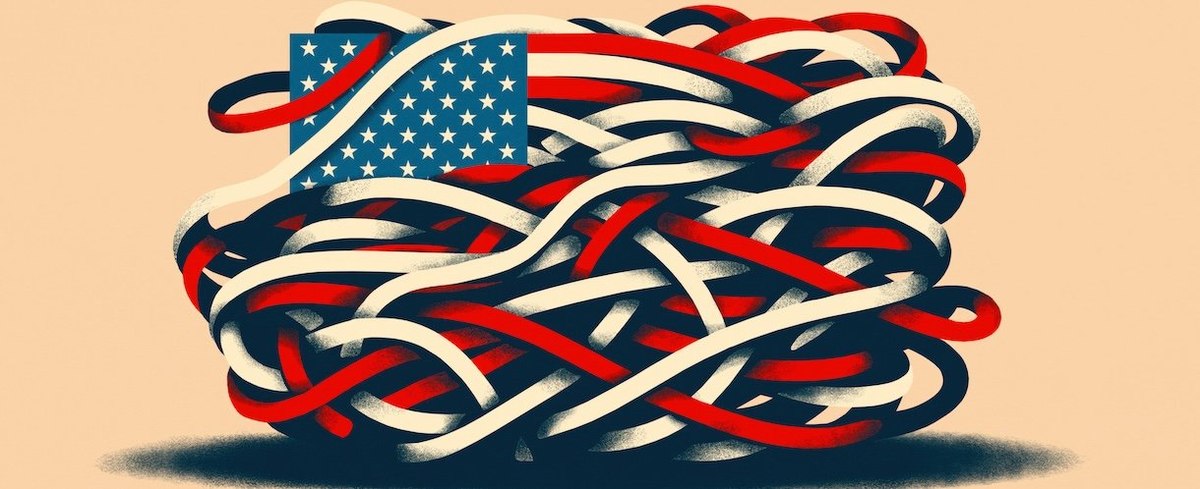 This illustration features an intricate tangle of the American flag.