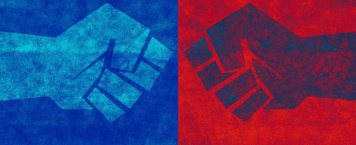Illustration of two fists facing each other in red and blue