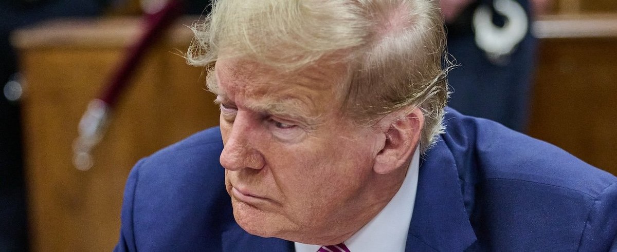 Former US President Donald Trump sits in a Manhattan Criminal Court for his trial for allegedly covering up hush money payments on April 19, 2024 in New York City.