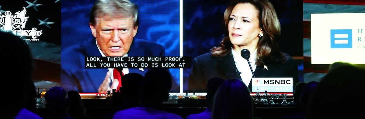 WEST HOLLYWOOD, CALIFORNIA - SEPTEMBER 10: People watch the ABC News presidential debate between Democratic presidential nominee, U.S. Vice President Kamala Harris and Republican presidential nominee, former U.S. President Donald Trump at a debate watch p