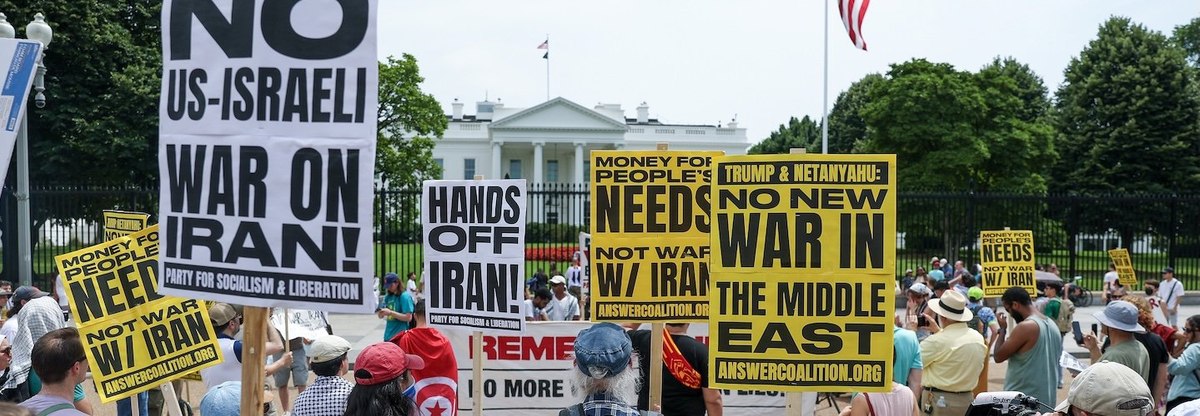 Demonstrators gather outside the White House for a rally opposing the United States' strikes on Iran on June 22, 2025 in Washington, DC.