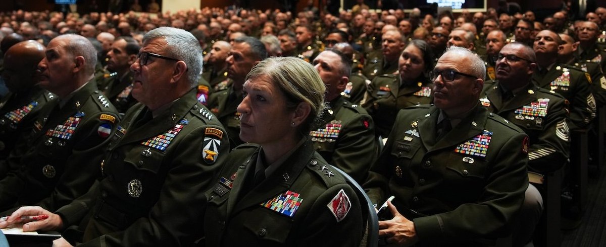 Senior military leaders look on at Marine Corps Base Quantico on September 30, 2025 in Quantico, Virginia.
