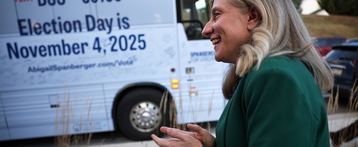 Virginia Democratic gubernatorial candidate, former Rep. Abigail Spanberger arrives for a campaign bus tour stop at Railway Cafe on October 28, 2025 in Winchester, Virginia.