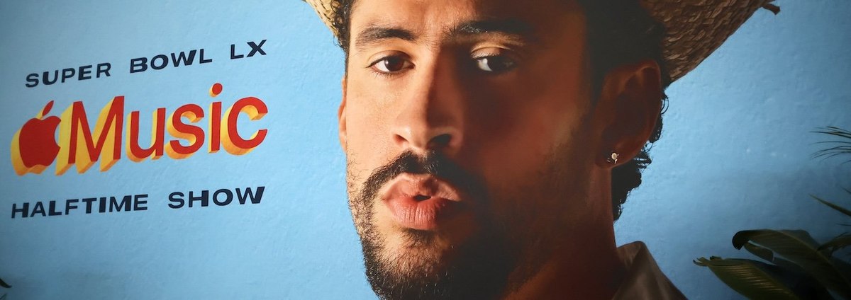 An advertisement for the Super Bowl LX Halftime show featuring Bad Bunny is seen in the Super Bowl LX Media Center at the Moscone Center on February 04, 2026 in San Francisco, California.