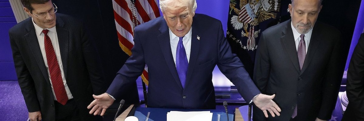 U.S. President Donald Trump speaks during a press briefing held at the White House February 20, 2026 in Washington, DC.