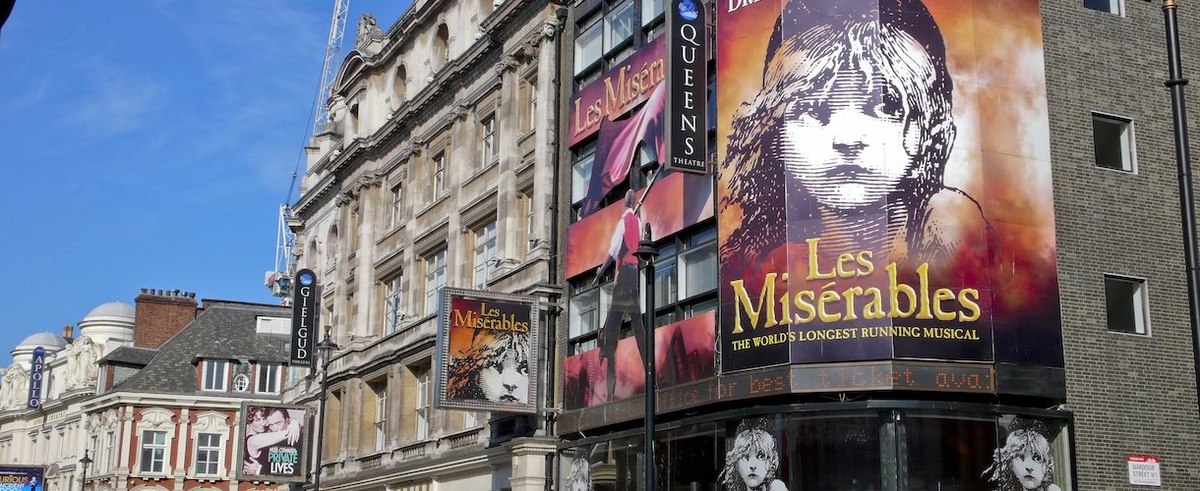 View from Shaftesbury Avenue of the Queen's Theater during the run of Les Miserables
