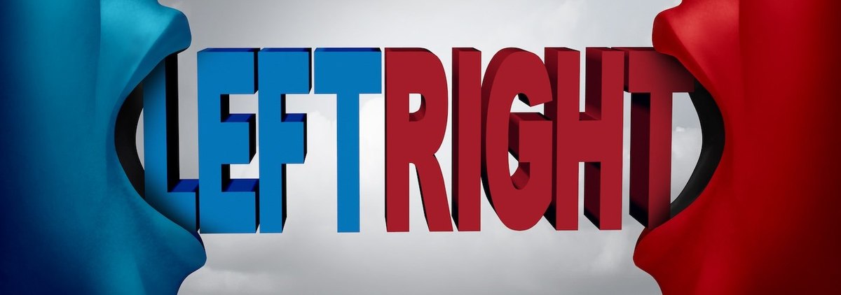 Stylized blue and red faces yell at each other, with the words "left" and "right" in their mouths.