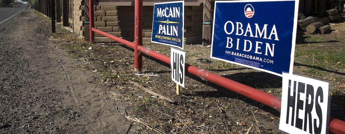 ALBUQUERQUE, NM - NOVEMBER 4: "His and Hers" presidential campaign signs adorn a front yard near of Route 66 on November 4, 2008 in Albuquerque, New Mexico. After nearly two years of presidential campaigning, U.S. citizens go to the polls today to vote in