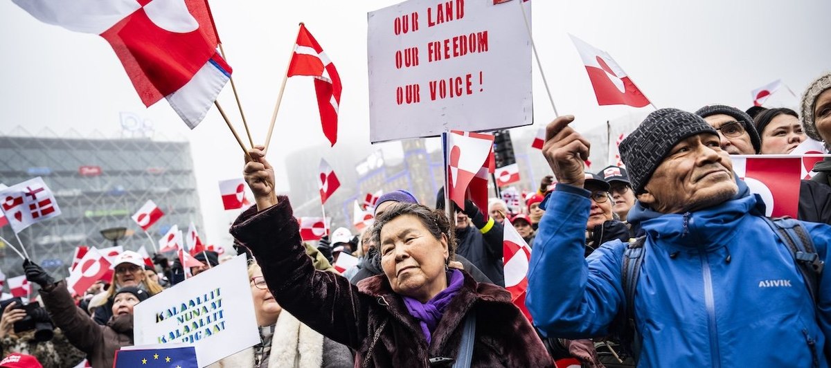 COPENHAGEN, DENMARK - JANUARY 17: Protesters on City Square during a protest in support of Greenland on January 17, 2026 in Copenhagen, Denmark. The United States president continues to insist the U.S. must have Greenland, even by military means if necessary. Greenland is a semi-autonomous territory of Denmark, which has forcefully pushed back on the U.S. threats, saying they jeopardize the future of NATO. (Photo by Martin Sylvest Andersen/Getty Images)