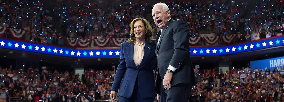 PHILADELPHIA, PENNSYLVANIA - AUGUST 6: Democratic presidential candidate, U.S. Vice President Kamala Harris and Democratic vice presidential candidate Minnesota Gov. Tim Walz appear on stage together during a campaign event at the Liacouras Center at Temp