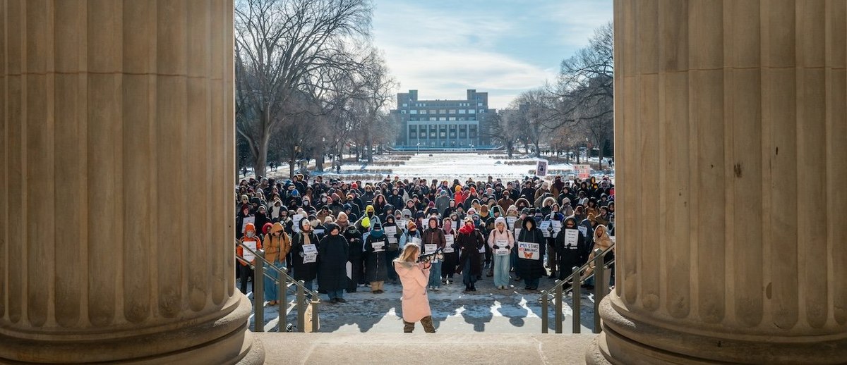 MINNEAPOLIS, MINNESOTA - JANUARY 26: Students protest against ICE during a walkout at the University of Minnesota on January 26, 2026 in Minneapolis, Minnesota. Protests and demonstrations continue around Minneapolis in the aftermath of the killings of Alex Pretti and Renee Nicole Good by federal law enforcement. (Photo by Brandon Bell/Getty Images)