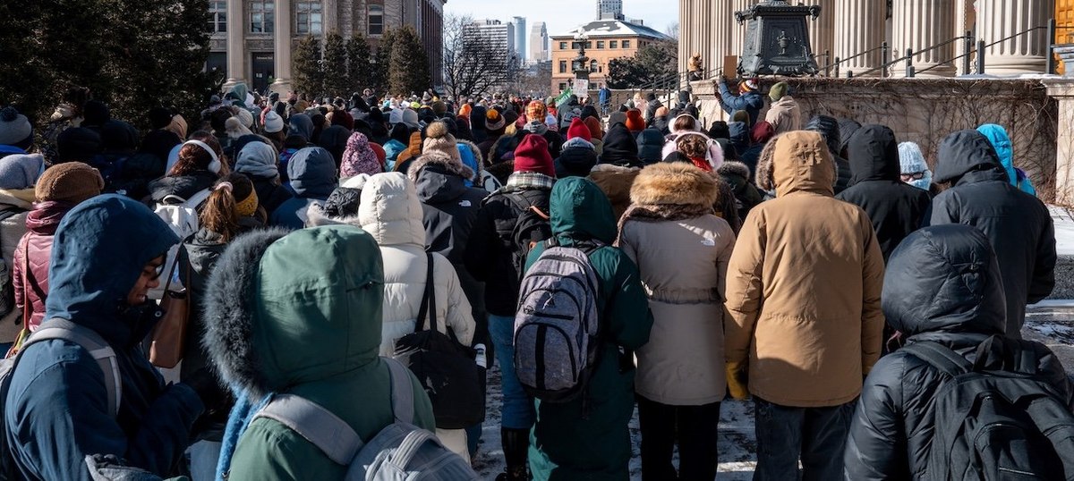 MINNEAPOLIS, MINNESOTA - JANUARY 26: Students protest against ICE during a walkout at the University of Minnesota on January 26, 2026 in Minneapolis, Minnesota. Protests and demonstrations continue around Minneapolis in the aftermath of the killings of Alex Pretti and Rene Nicole Good by federal law enforcement. (Photo by Brandon Bell/Getty Images)