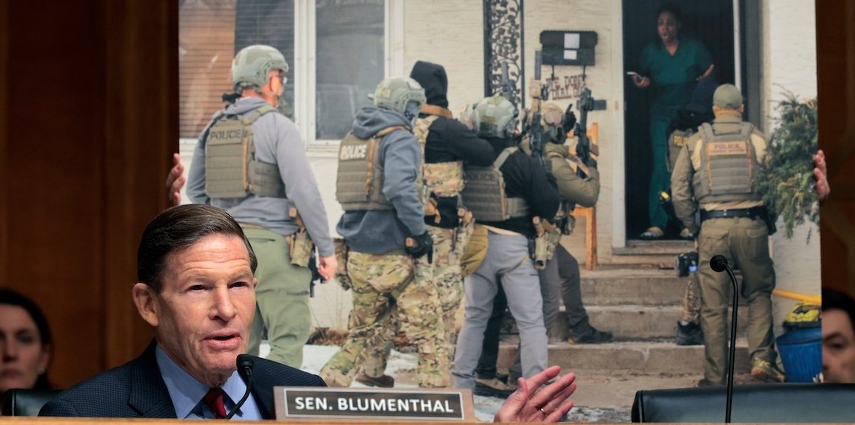 WASHINGTON, DC - FEBRUARY 12: U.S. Sen. Richard Blumenthal (D-CT) speaks in front of a display depicting ICE operations during a hearing on oversight of the Department of Homeland Security before the Senate Homeland Security and Governmental Affairs Committee in the Dirksen Senate Office Building on February 12, 2026 in Washington, DC. The Department of Homeland Security has faced criticism over law enforcement tactics targeting undocumented immigrants and the killing of two U.S. citizens in Minneapolis. (Photo by Chip Somodevilla/Getty Images)