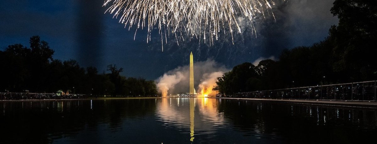 WASHINGTON, DC - JULY 4: Fireworks erupt over the Washington Monument during the Independence Day fireworks display along the National Mall on July 4, 2023 in Washington, DC. Crowds of people came together to partake in the annual event commemorating the