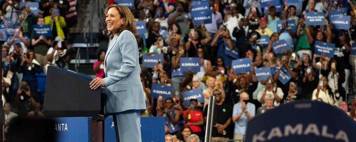 ATLANTA, GEORGIA - JULY 30: Democratic presidential candidate, U.S. Vice President Kamala Harris speaks at a campaign rally at the Georgia State Convocation Center on July 30, 2024 in Atlanta, Georgia. Both Harris and Republican presidential nominee, form