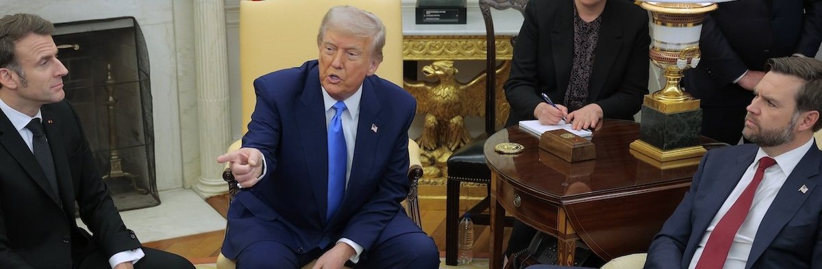 WASHINGTON, DC - FEBRUARY 24: U.S. President Donald Trump calls on reporters while hosting French President Emmanuel Macron for meetings with Vice President JD Vance and others at the White House on February 24, 2025 in Washington, DC. Macron is meeting w