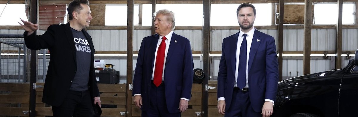 BUTLER, PENNSYLVANIA - OCTOBER 05: (L-R) Elon Musk, Republican presidential nominee, former President Donald Trump and his running mate Sen. JD Vance talk to reporters back stage during a campaign rally at the Butler Farm Show grounds on October 05, 2024