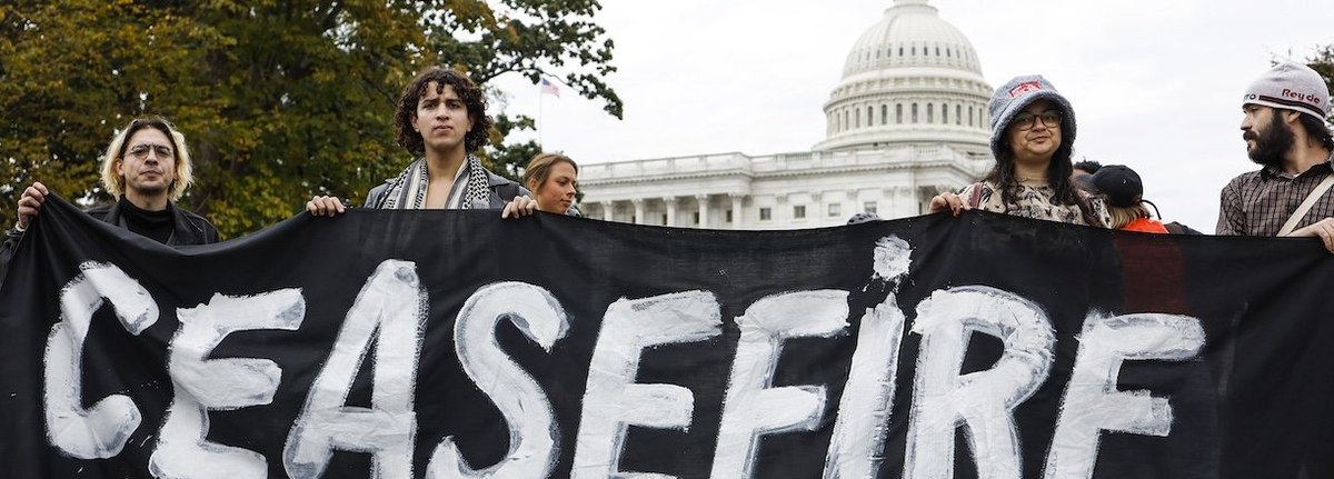 WASHINGTON, DC - OCTOBER 18: Protesters attend a rally in support of a cease fire in Gaza on Independence Avenue near the U.S. Capitol Building on October 18, 2023 in Washington, DC. Activists with Jewish Voice for Peace and the IfNotNow movement attended