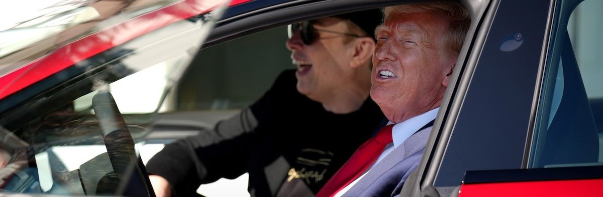 WASHINGTON, DC - MARCH 11: U.S. President Donald Trump and White House Senior Advisor, Tesla and SpaceX CEO Elon Musk sit in a Tesla Model S on the South Lawn of the White House on March 11, 2025 in Washington, DC. Trump spoke out against calls for a boyc