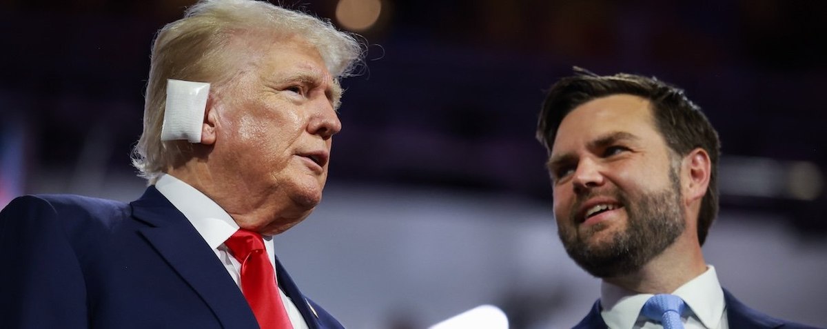 MILWAUKEE, WISCONSIN - JULY 15: Republican presidential candidate, former U.S. President Donald Trump (L) and Republican vice presidential candidate, U.S. Sen. J.D. Vance (R-OH) appear on the first day of the Republican National Convention at the Fiserv F