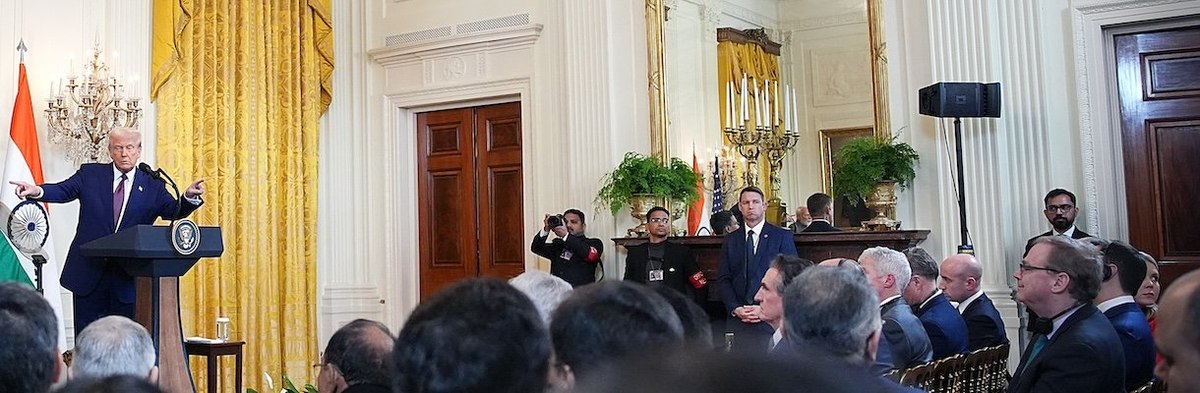 WASHINGTON, DC - FEBRUARY 13: U.S. President Donald Trump (R) and Indian Prime Minister Narendra Modi hold a joint press conference in the East Room at the White House on February 13, 2025 in Washington, DC. Prime Minister Modi is meeting with President T