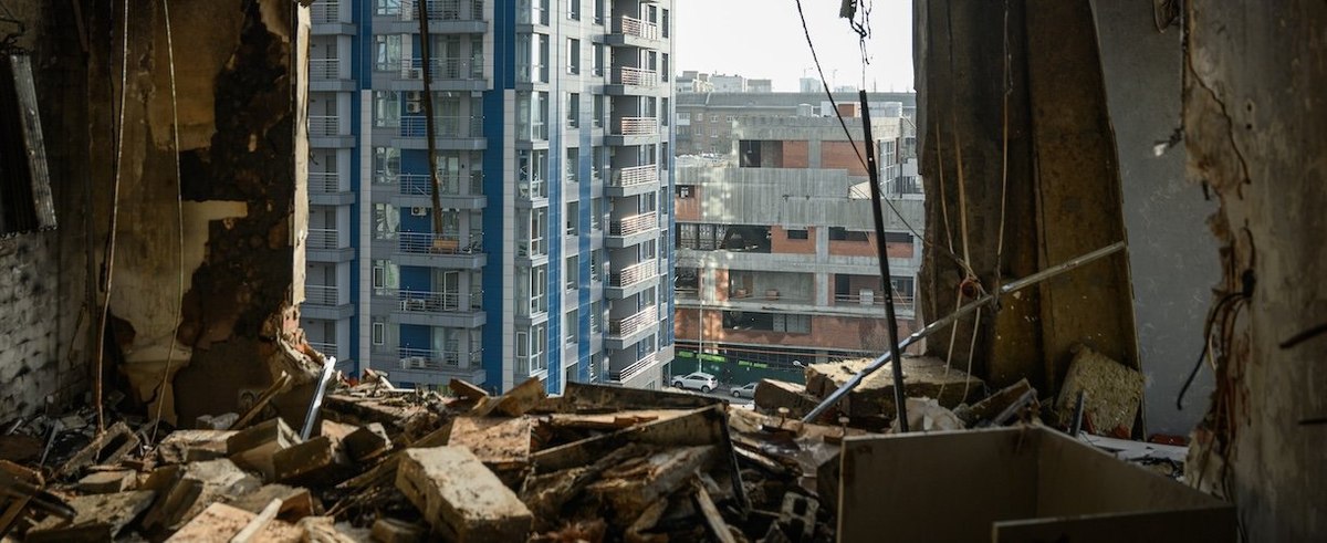 KYIV, UKRAINE - NOVEMBER 25: This photograph shows the view from an apartment heavily damaged during Russian air attacks, on November 25, 2025 in Kyiv, Ukraine. A Russian missile and drone strike hit Kyiv overnight, causing civilian casualties. According