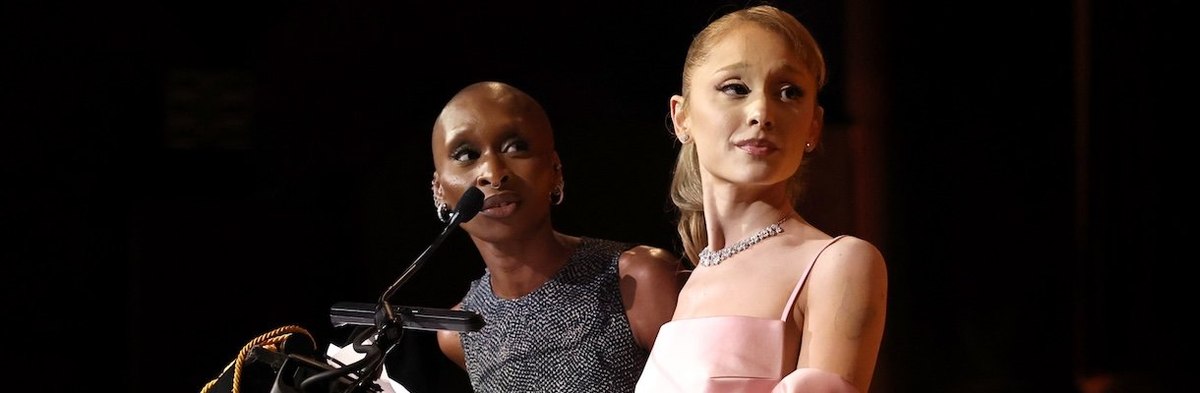 NEW YORK, NEW YORK - JANUARY 07: (L-R) Cynthia Erivo and Ariana Grande accept the NBR Spotlight Award: Creative Collaboration for "Wicked" onstage during The National Board of Review Annual Awards Gala at Cipriani 42nd Street on January 07, 2025 in New Yo