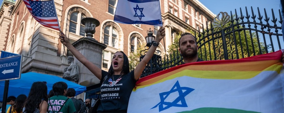 NEW YORK, NEW YORK—AUGUST 27: A small group of pro-Israel demonstrators gather in front of Columbia University on August 27, 2024, to hold an "Unmask Campus Hate" protest at the start of the academic year in New York City. Columbia was the site of a month