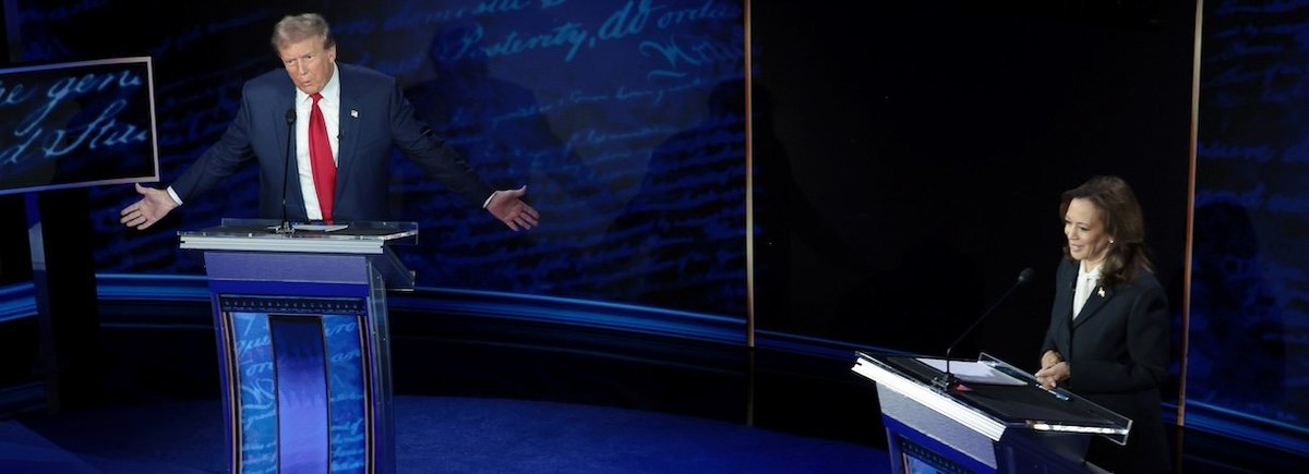 PHILADELPHIA, PENNSYLVANIA - SEPTEMBER 10: Republican presidential nominee, former U.S. President Donald Trump and Democratic presidential nominee, U.S. Vice President Kamala Harris debate for the first time during the presidential election campaign at Th