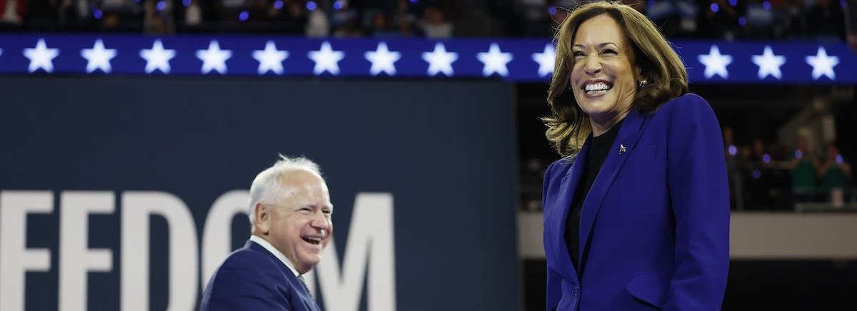 MILWAUKEE, WISCONSIN - AUGUST 20: Democratic presidential candidate, U.S. Vice President Kamala Harris speaks alongside Democratic vice presidential candidate Minnesota Gov. Tim Walz at a campaign rally at the Fiserv Forum on August 20, 2024 in Milwaukee,