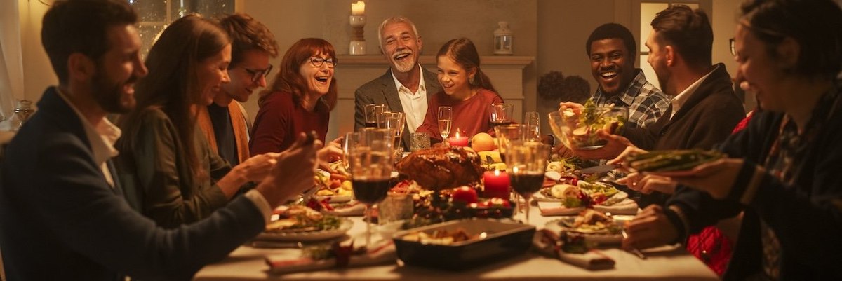 Multi-Generational Family Members Share Funny Stories and Joy During a Christmas Turkey Dinner. Happy Parents and Kids Singing Christmas Carols Together, Dancing Behind a Table and Lighting Sparkles