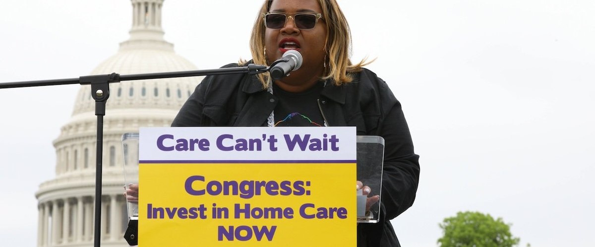 WASHINGTON, DC - MAY 05: April Verrett, President of Service Employees International Union (SEIU), Local 2015 speaks during Home Care Workers Urge Congress To Finish The Job, Protect Medicaid, and Invest in Care on May 05, 2022 in Washington, DC. (Photo b