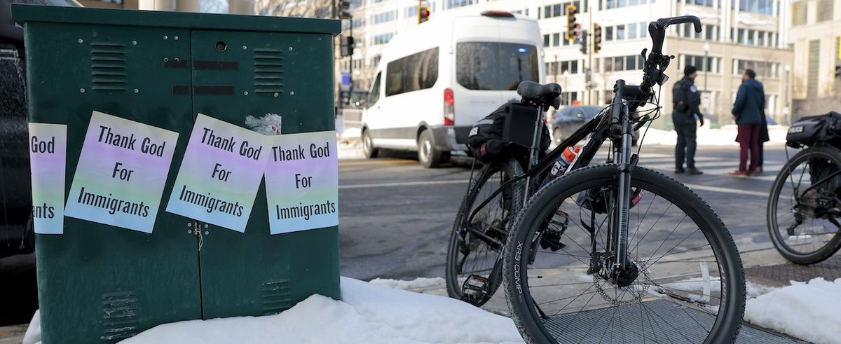 WASHINGTON, DC - FEBRUARY 03: Signs supporting immigrants hang near a gathering of the Congressional Hispanic Caucus outside of the ICE Headquarters on February 02, 2026 in Washington, DC. The Congressional Hispanic Caucus called for the impeachment of U.S. Secretary of Homeland Security Kristi Noem. (Photo by Heather Diehl/Getty Images)