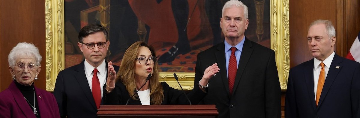 WASHINGTON, DC - OCTOBER 14: House Majority Conference Chair Lisa McClain (R-MI) speaks at a news conference at the U.S. Capitol on October 14, 2025 in Washington, DC. The government remains shut down after Congress failed to reach a funding deal 14 days