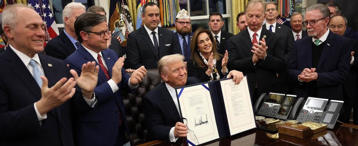 WASHINGTON, DC - NOVEMBER 12: U.S. President Donald Trump signs funding legislation to reopen the federal government as he is joined by House Speaker Mike Johnson (R-LA), House Minority Leader Steve Scalise (R-LA), Republican lawmakers and business leader