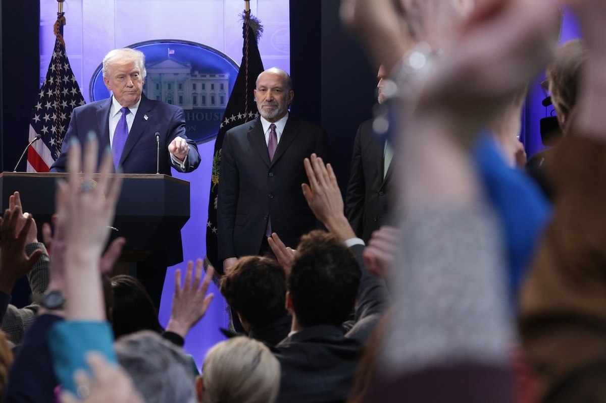 WASHINGTON, DC - FEBRUARY 20: U.S. President Donald Trump answers questions during a press briefing held at the White House February 20, 2026 in Washington, DC. The U.S. Supreme Court today ruled against Trump’s use of emergency powers to implement international trade tariffs, a central portion of the administration’s core economic policy. Also pictured is Howard Lutnick (R), U.S. Secretary of Commerce. (Photo by Alex Wong/Getty Images)