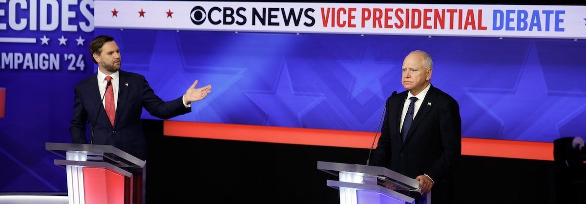 NEW YORK - OCTOBER 01: Republican vice presidential candidate, Sen. JD Vance (R-OH), and Democratic vice presidential candidate, Minnesota Gov. Tim Walz, participate in a debate at the CBS Broadcast Center on October 1, 2024 in New York City. This is expe